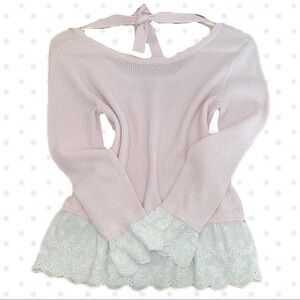 🪽Lace Pink Long Sleeve Top with Lace Trim & Shoulder Ribbon